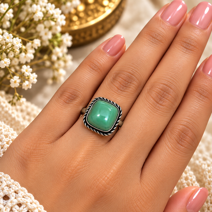 Oxidised German Silver Green Stone Ring
