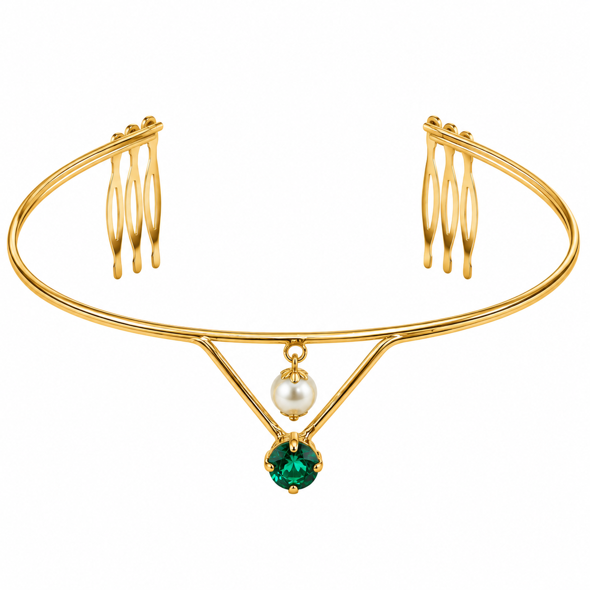 Gold-Plated Green Stone Pearl Hairlet for Women