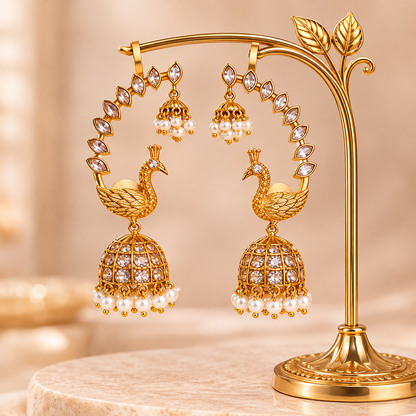 Peacock Motif White Kemp Stone Earcuff
