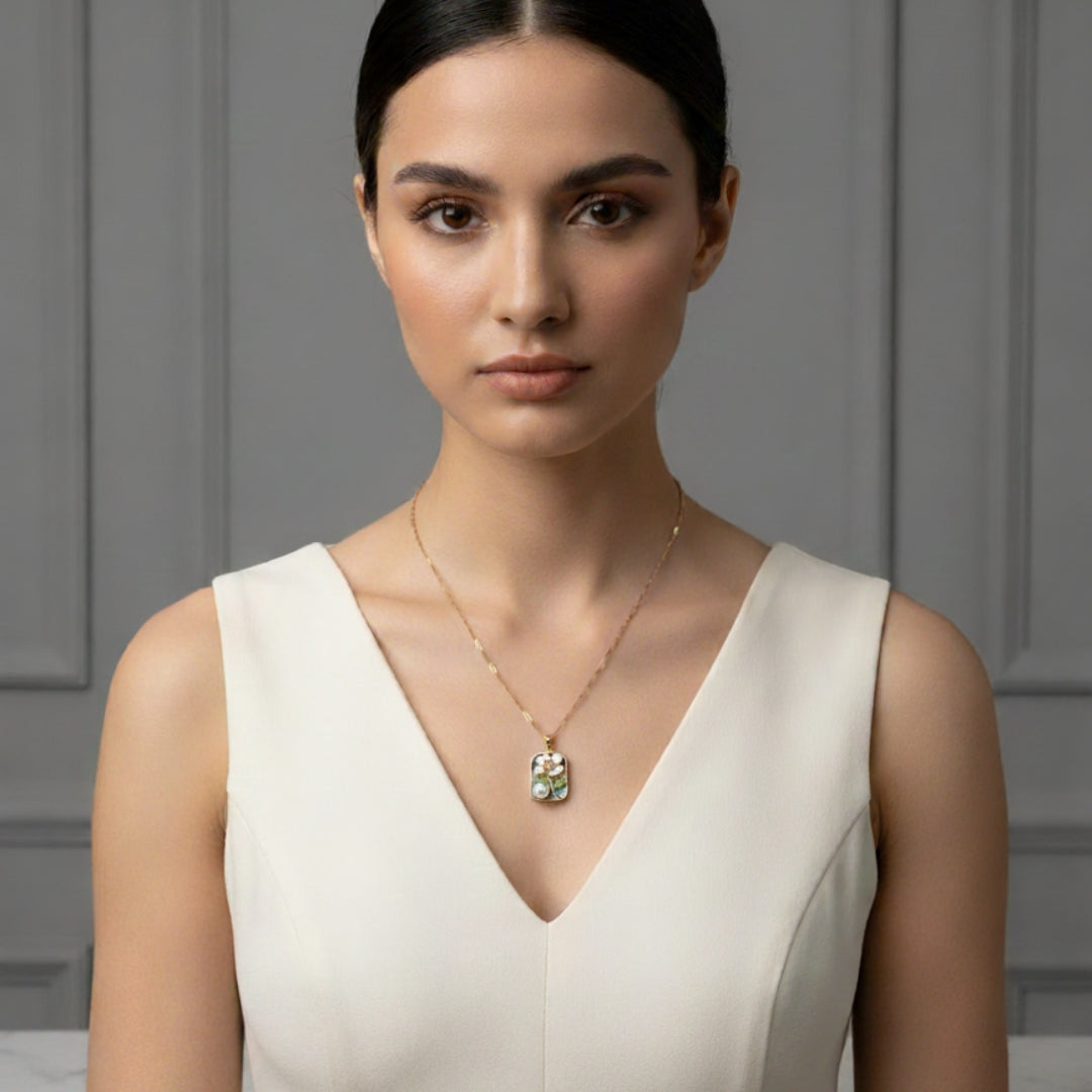 Gold Floral Enamel Pendant Necklace