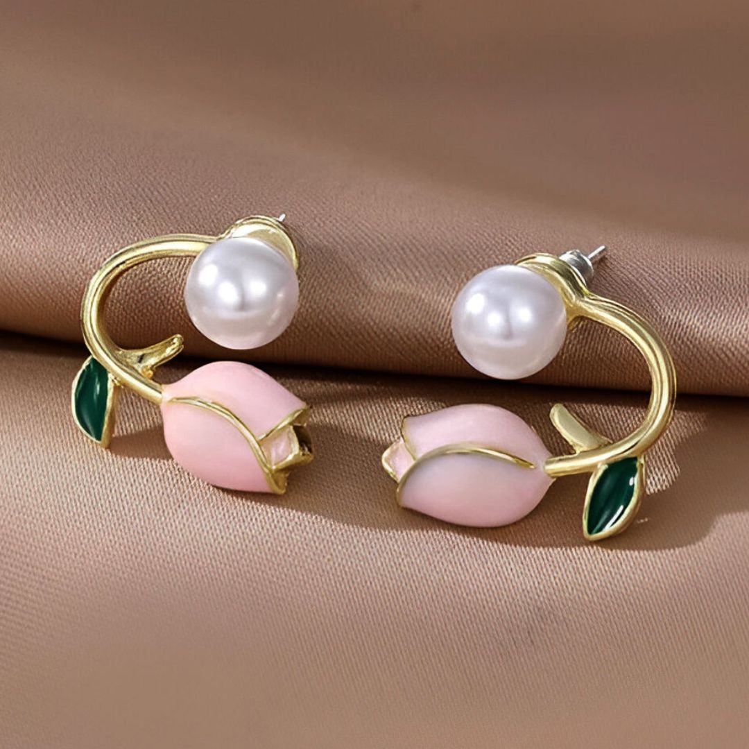 Gold-plated tulip and pearl stud earrings