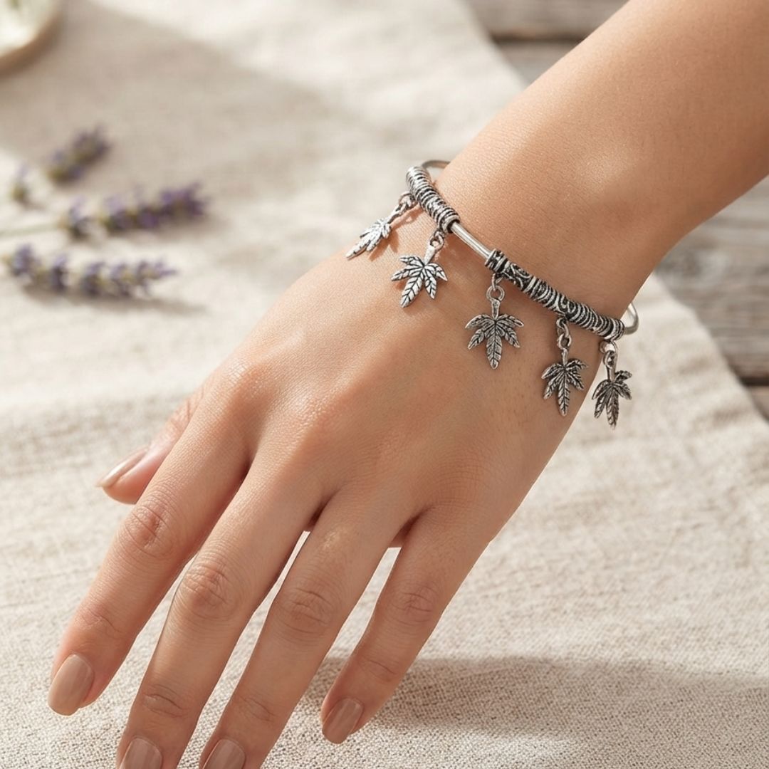 Oxidized Silver-Tone Leaf Charm Bracelet | Boho Adjustable Bangle for Women