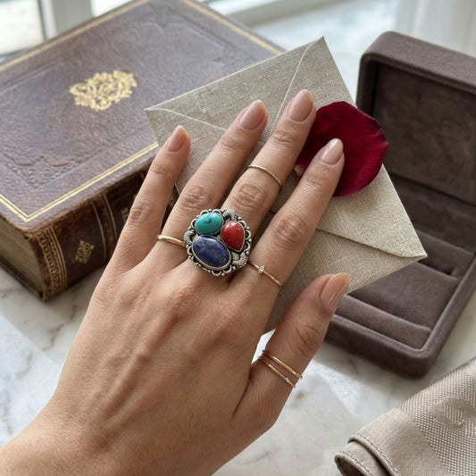 Vintage Boho Multi-Stone Cluster Ring in Oxidized Silver