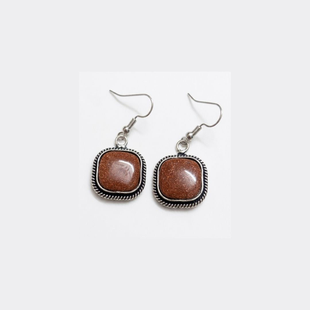 German Oxidized Silver Square Brown Stone Drop Earrings