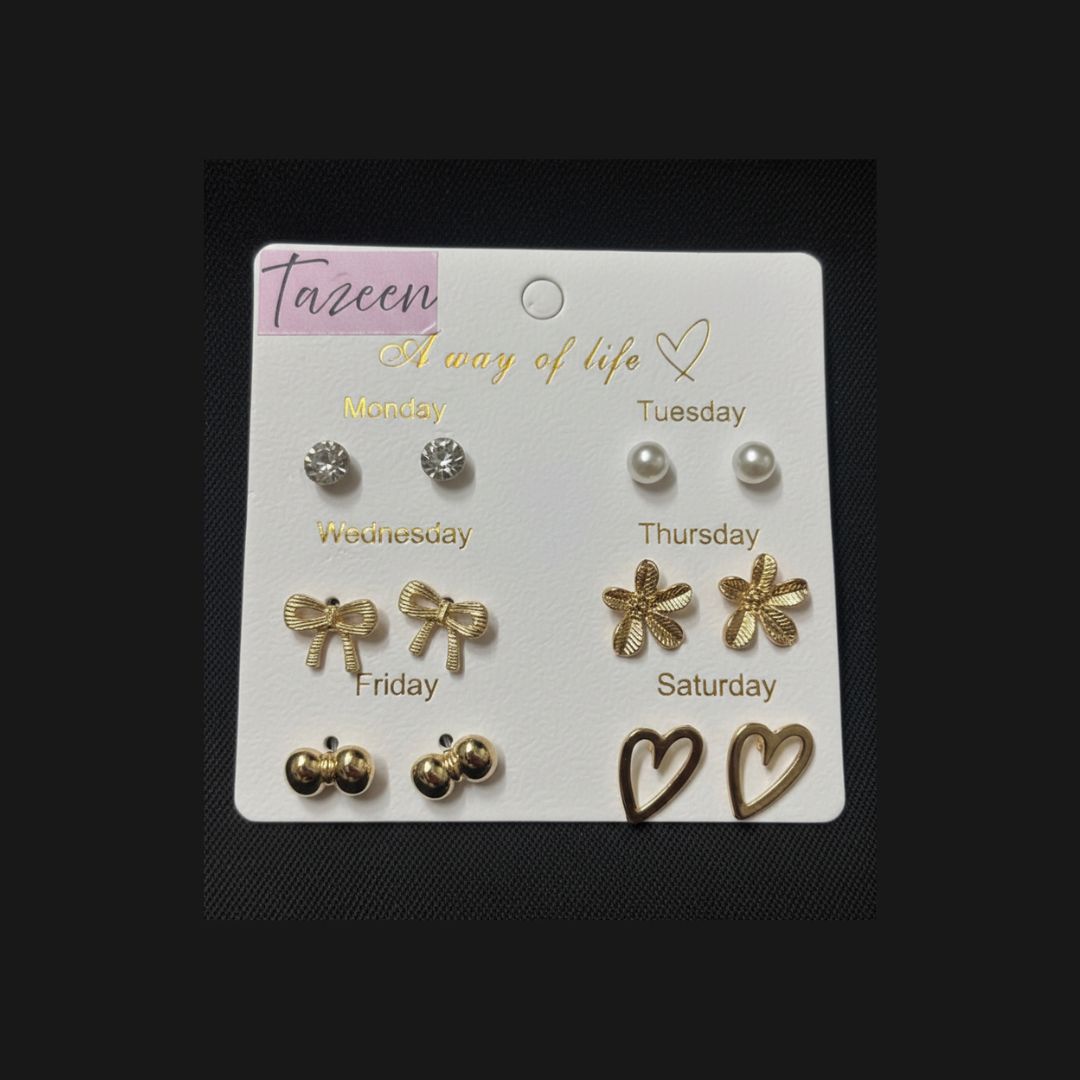 6 Days Stud Earrings Set – Everyday Minimal Gold & Pearl Combo