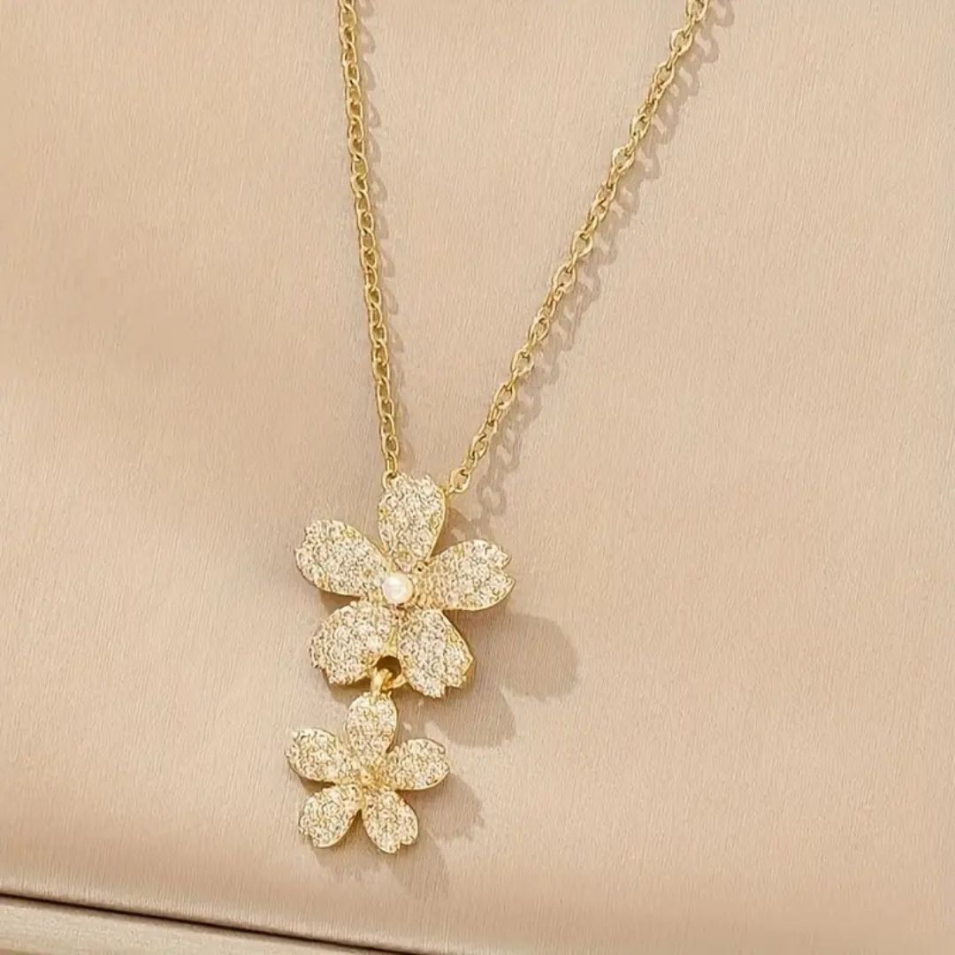 Floral Double Flower CZ Pendant Necklace | Layered Crystal Blossom Silver Chain