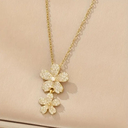Floral Double Flower CZ Pendant Necklace | Layered Crystal Blossom Silver Chain