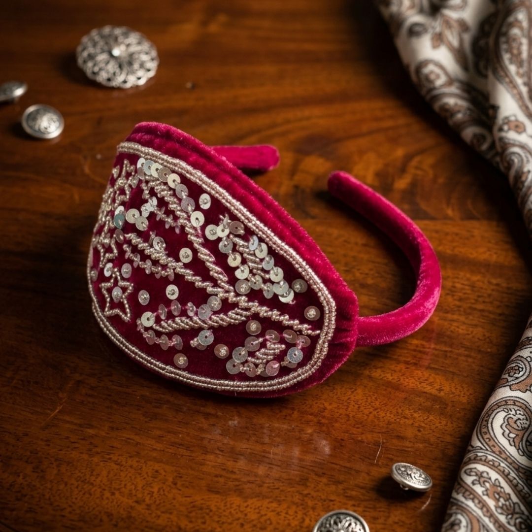 Handmade Premium Velvet Embellished Hairband – Deep Pink Sequin Star Design