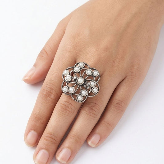 Oxidized German Silver Floral Pearl Statement Ring