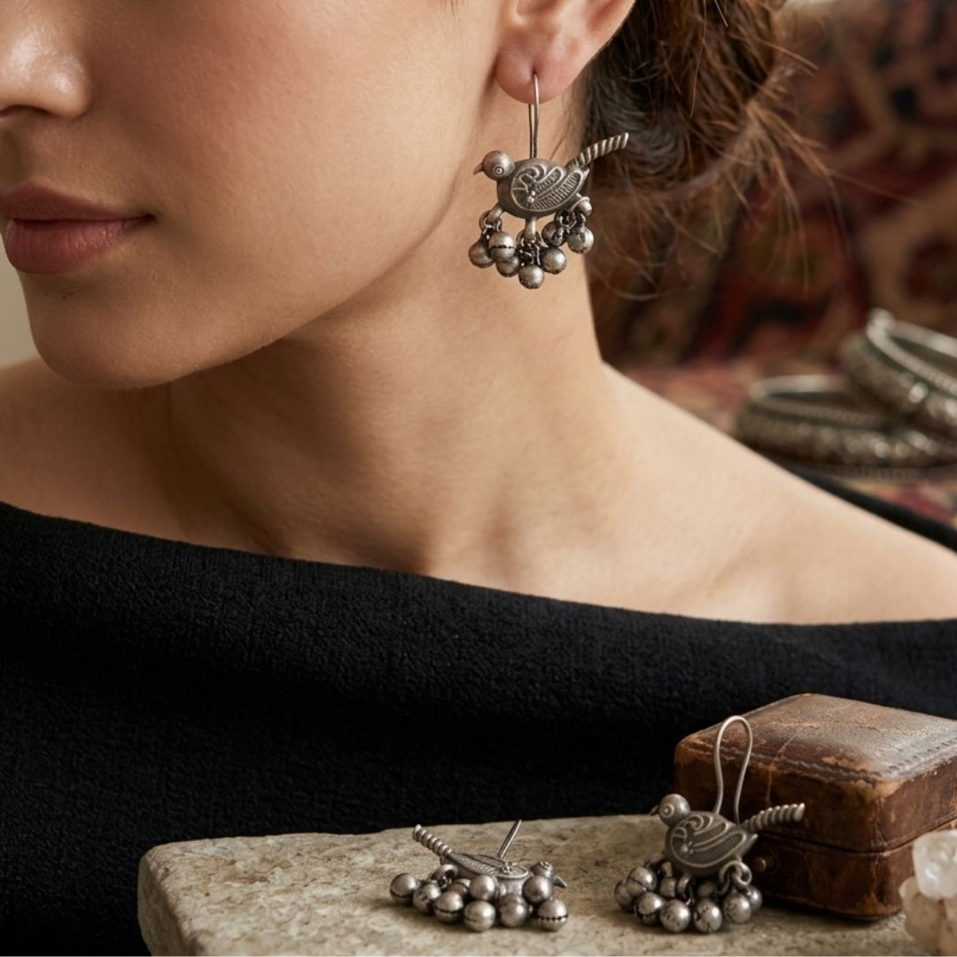 German Silver Bird Ghungroo Earrings | Oxidized Tribal Bird Earrings for Women