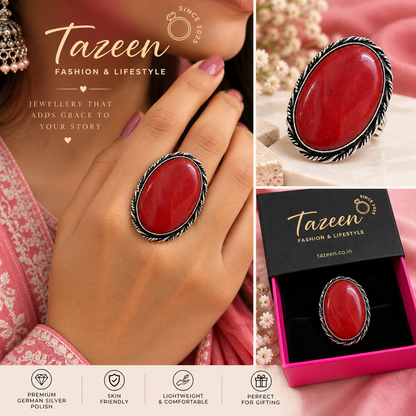 Oxidised Silver Red Stone Statement Ring for Women