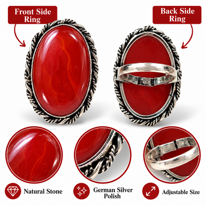 Oxidised Silver Red Stone Statement Ring for Women