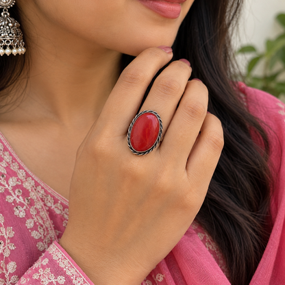 Oxidised Silver Red Stone Statement Ring for Women