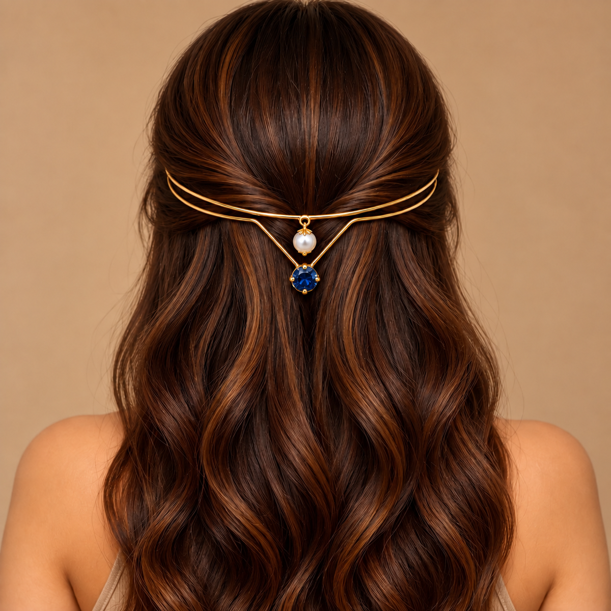 Gold-Plated Blue Stone Pearl Hairlet for Women