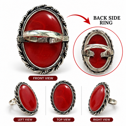 Oxidised Silver Red Stone Statement Ring for Women