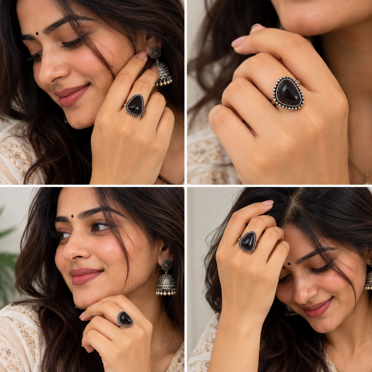 Oxidised Silver Maroon Stone Statement Ring for Women
