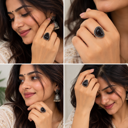 Oxidised Silver Maroon Stone Statement Ring for Women