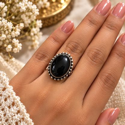 Oxidised Black Onyx Statement Ring | Vintage Oval Gemstone Ring