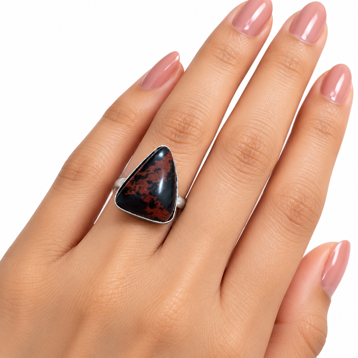 Oxidised Silver Triangle Statement Ring with Black & Rust Red Stone