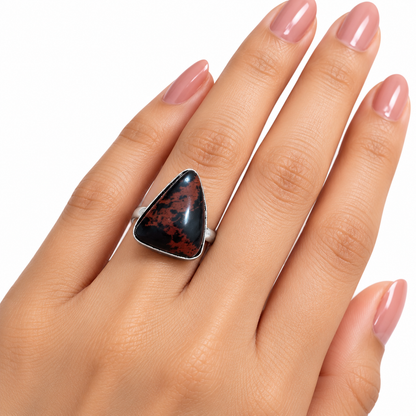 Oxidised Silver Triangle Statement Ring with Black & Rust Red Stone