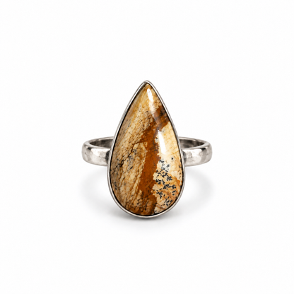 Oxidised Silver Dendritic Jasper Teardrop Ring