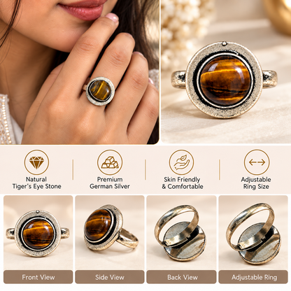 Oxidised German Silver Tiger Eye Natural Stone Statement Ring