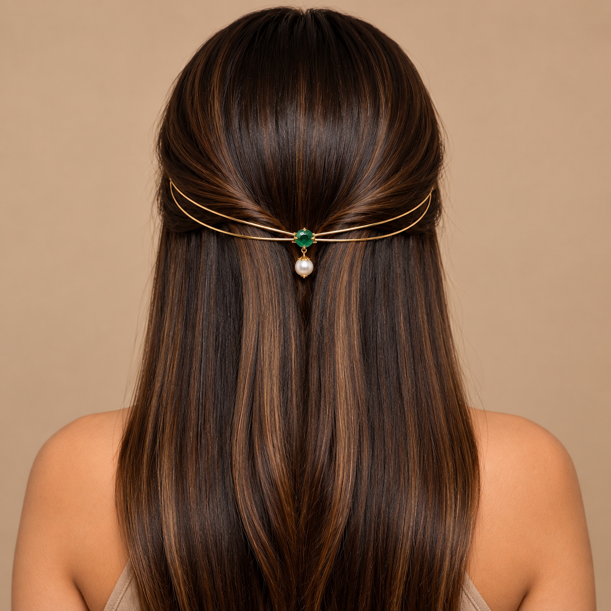 Gold-Plated Blue Green Stone Pearl Hairlet for Women