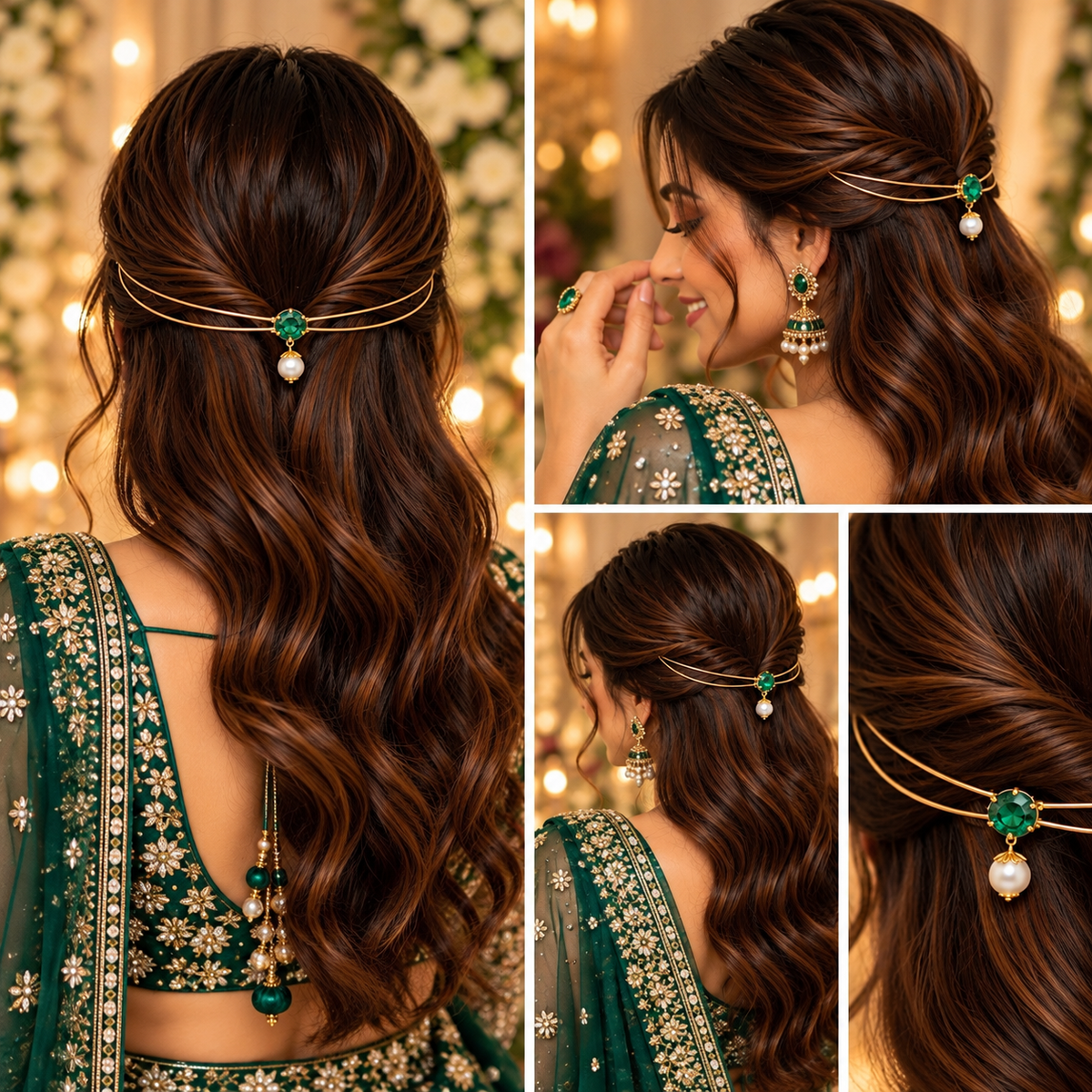 Gold-Plated Blue Green Stone Pearl Hairlet for Women