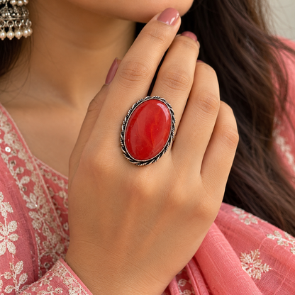 Oxidised Silver Red Stone Statement Ring for Women