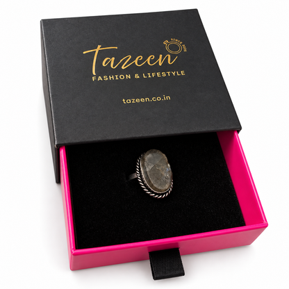 Oval Smoky Grey Druzy Statement Ring with Antique Silver-Tone Rope