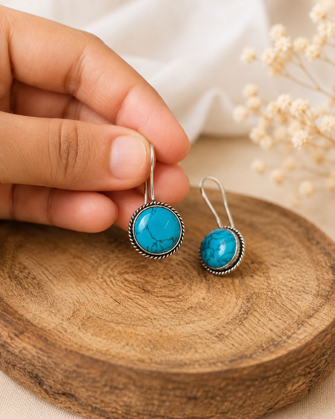 Handcrafted Turquoise Stone Silver-Tone Dangle Earrings