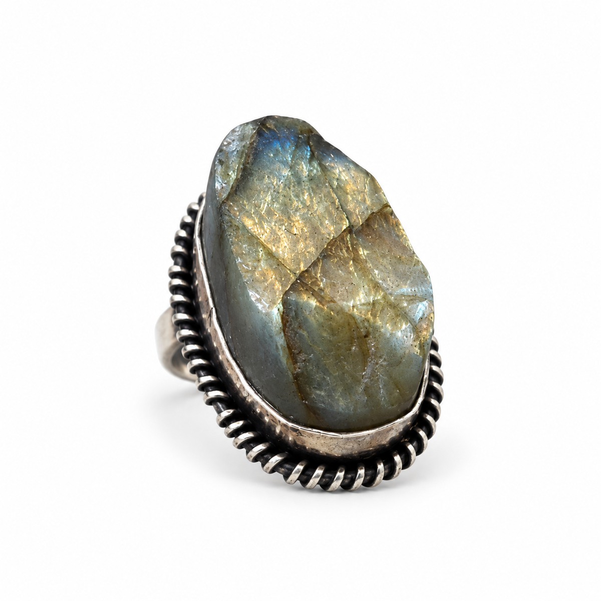 Oval Labradorite Statement Ring with Antique Silver-Tone Beaded Border