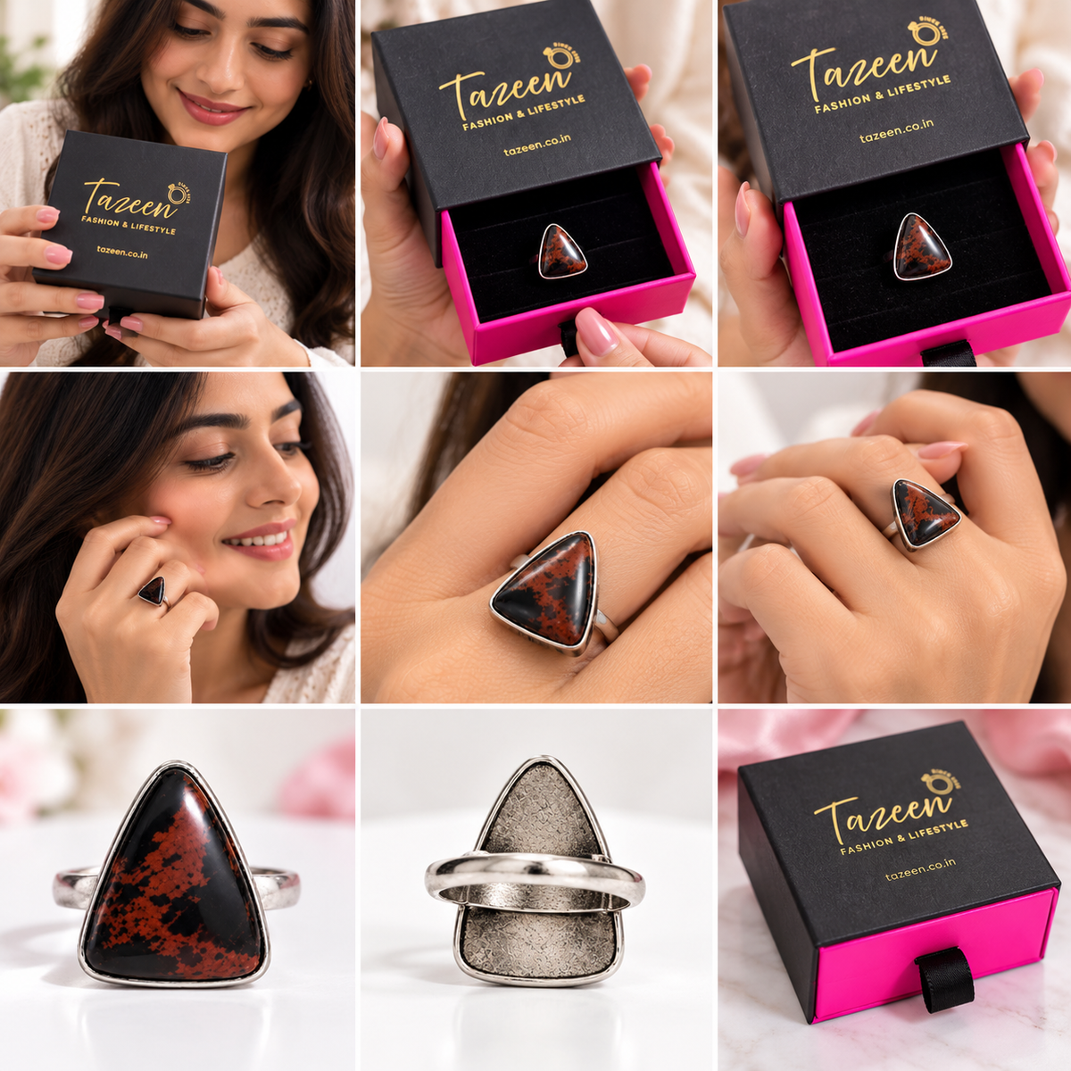Oxidised Silver Triangle Statement Ring with Black & Rust Red Stone