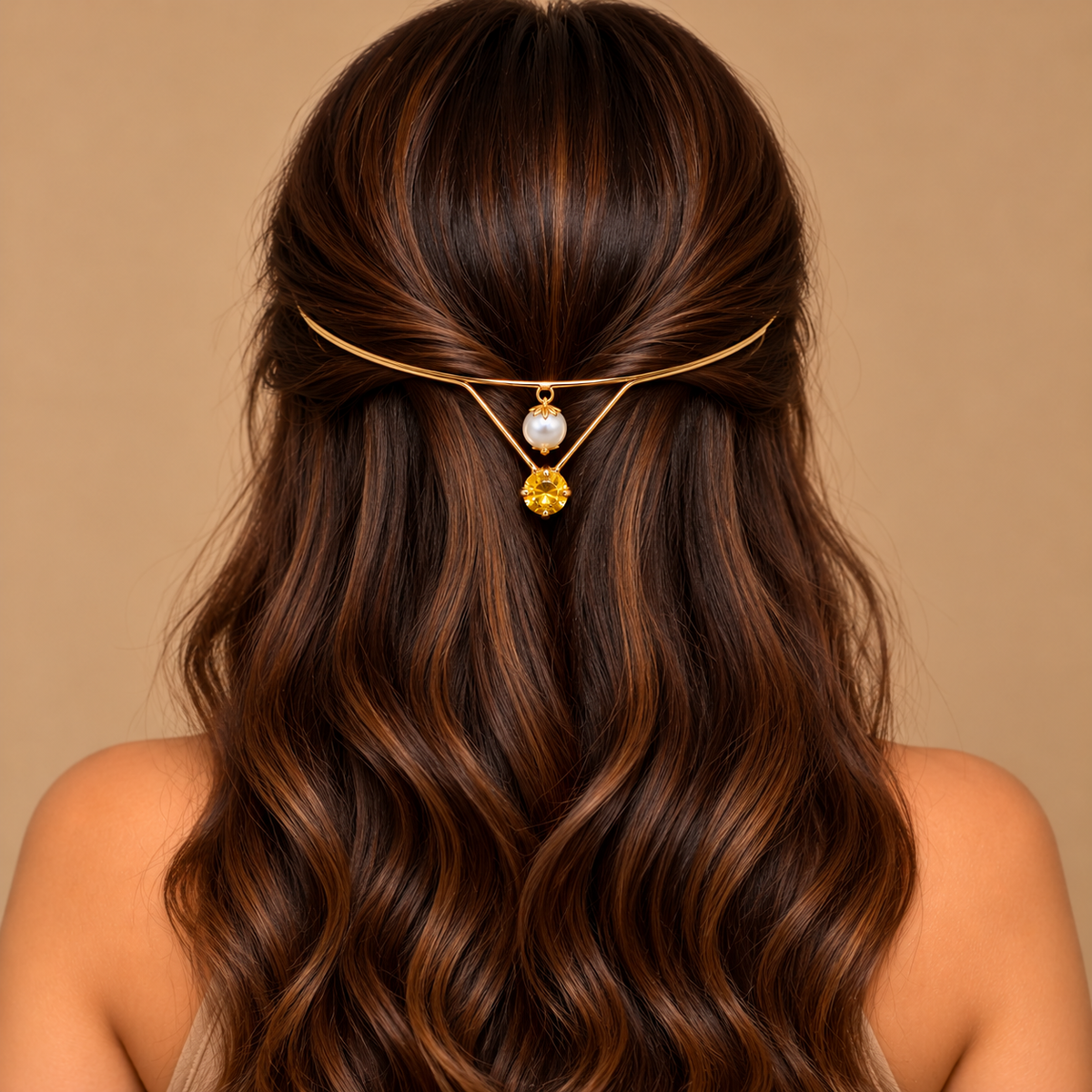 Gold-Plated Yellow Stone Pearl Hairlet for Women