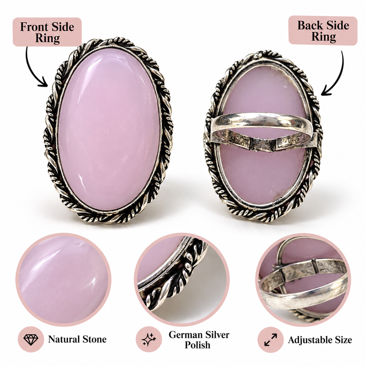 Oxidised Silver Pink Stone Statement Ring for Women
