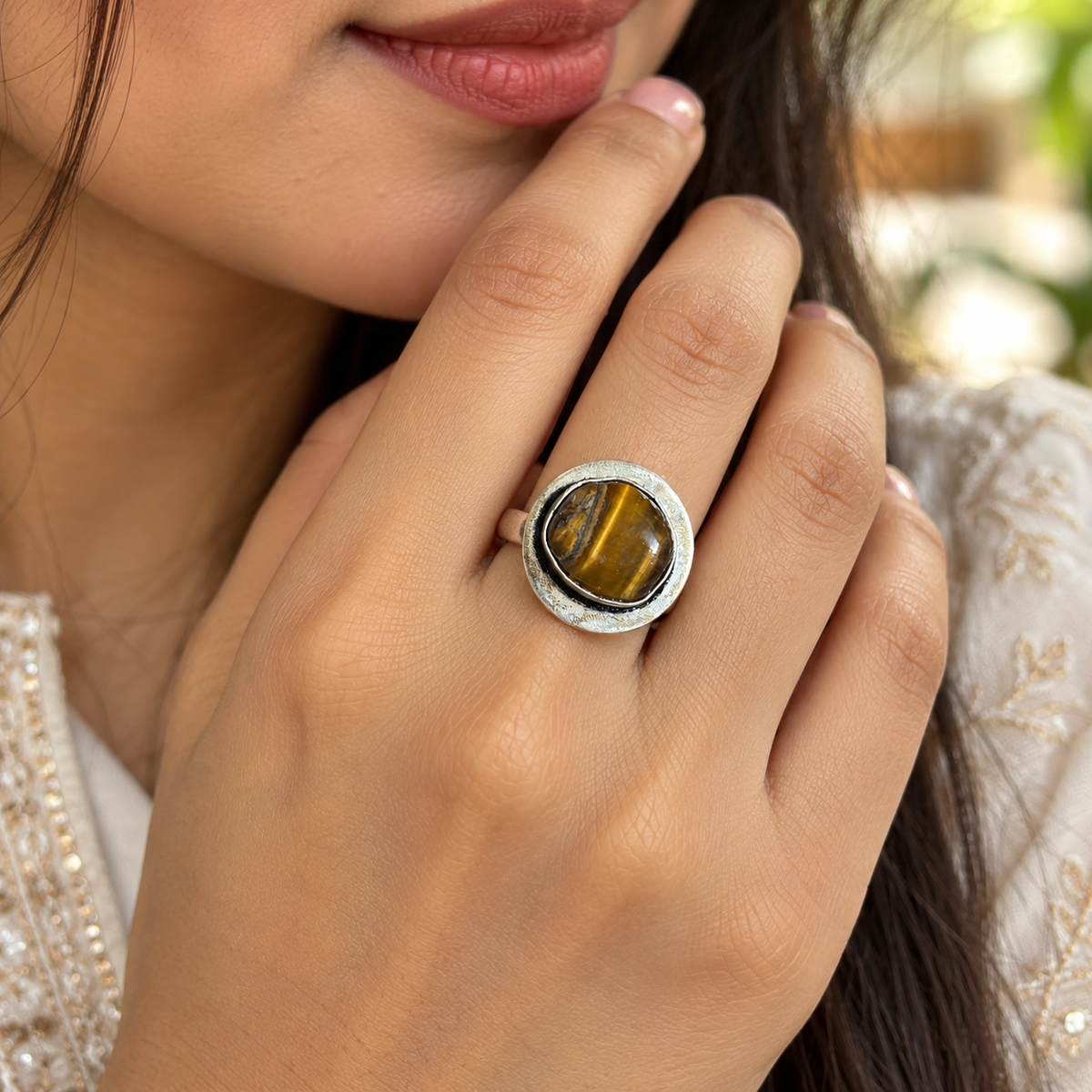 Oxidised German Silver Tiger Eye Natural Stone Statement Ring