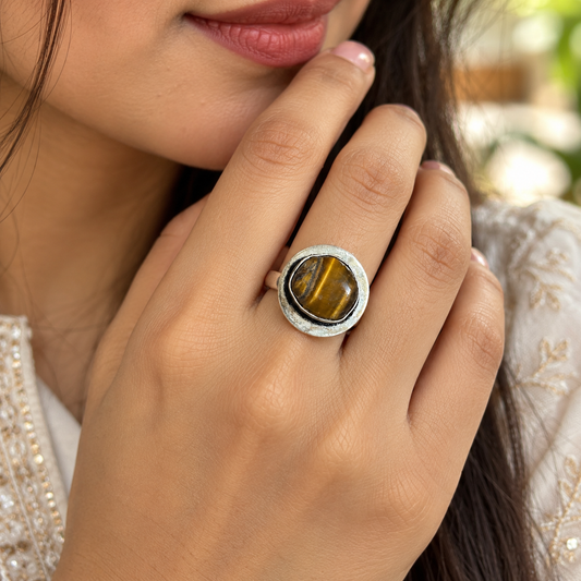 Oxidised German Silver Tiger Eye Natural Stone Statement Ring