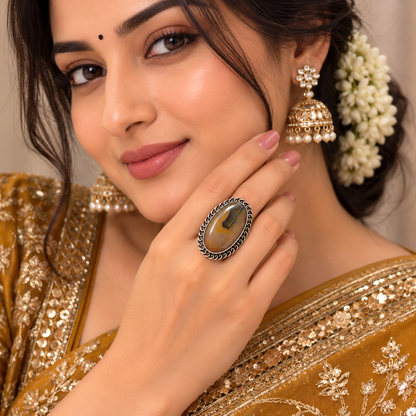Oxidised Silver Brown Stone Statement Ring for Women