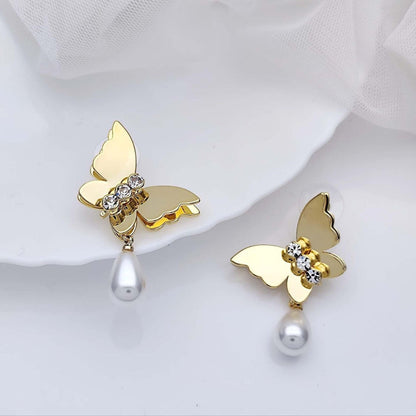 Gold Butterfly Pearl Drop Earrings