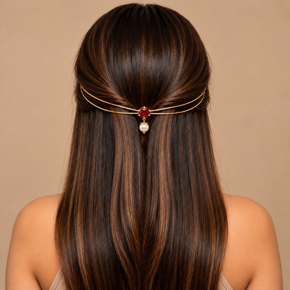 Gold-Plated Red Stone Pearl Hairlet for Women