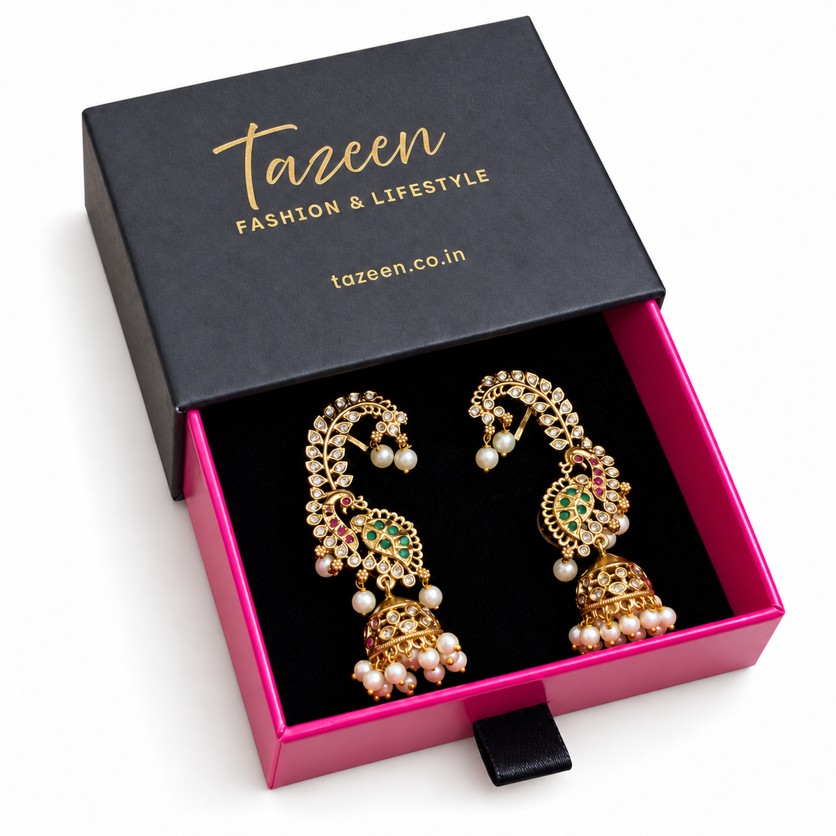 AD Stone Ear Cuff Jhumka Earrings with Multiple Green & Pink Stones