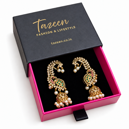 AD Stone Ear Cuff Jhumka Earrings with Multiple Green & Pink Stones