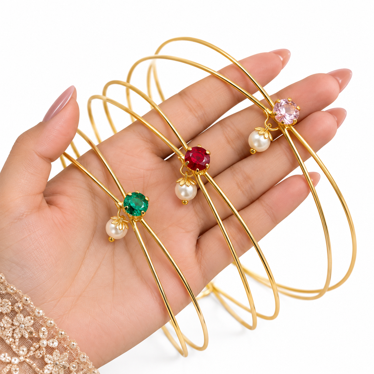 Gold-Plated Blue Green Stone Pearl Hairlet for Women