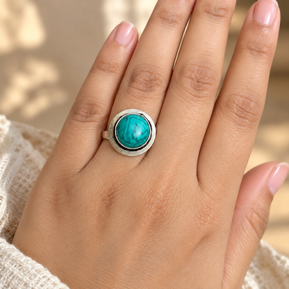 Oxidised Turquoise Stone Statement Ring | Boho Vintage Silver Finish
