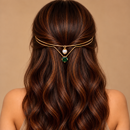Gold-Plated Green Stone Pearl Hairlet for Women
