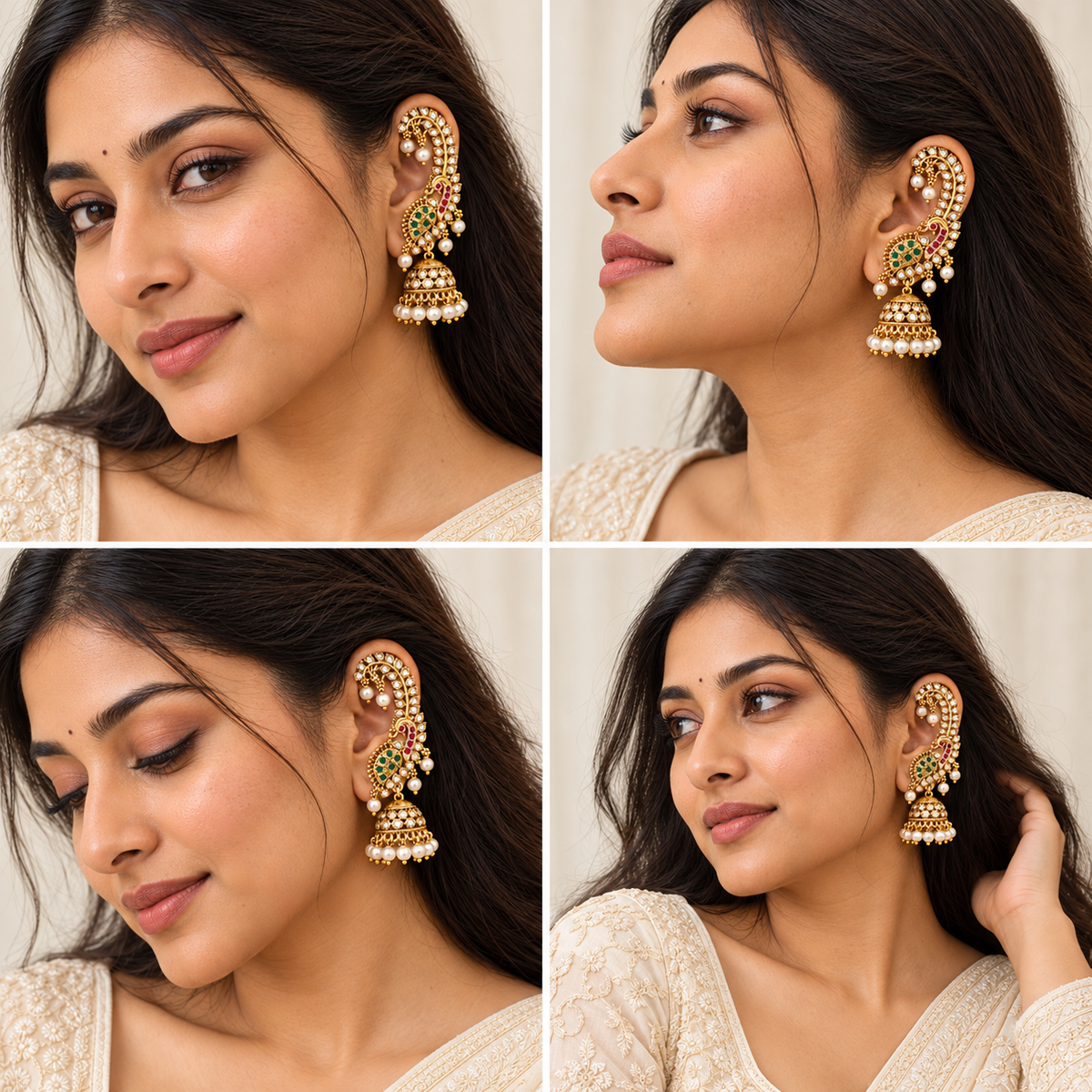 AD Stone Ear Cuff Jhumka Earrings with Multiple Green & Pink Stones