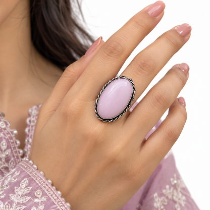 Oxidised Silver Pink Stone Statement Ring for Women