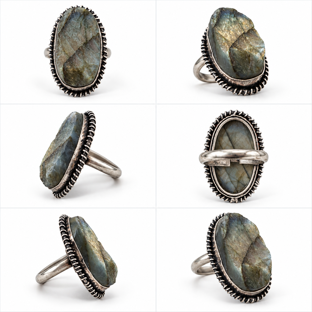 Oval Labradorite Statement Ring with Antique Silver-Tone Beaded Border