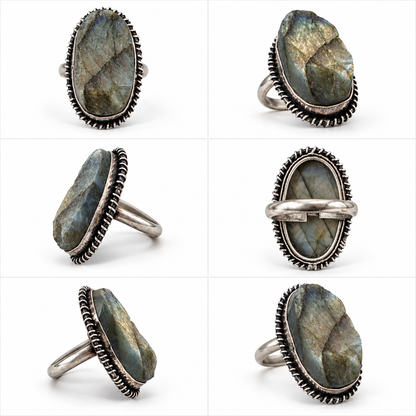 Oval Labradorite Statement Ring with Antique Silver-Tone Beaded Border