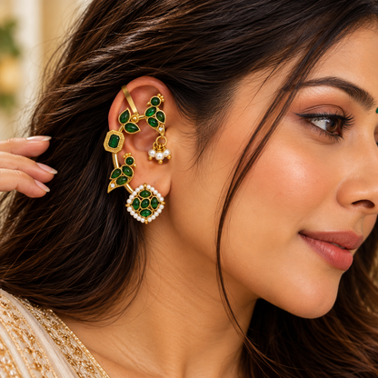 Gold-Plated Contemporary Green Ear Cuff Earrings